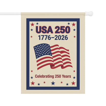 Decorative flag with USA 250 design featuring an American flag on a beige background.