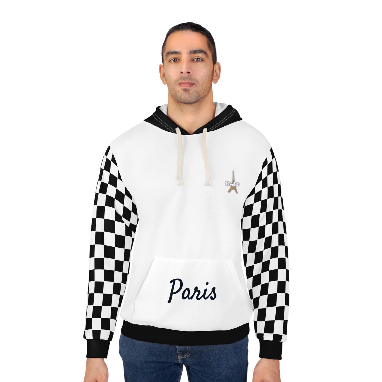 Paris Checkered Unisex Hoodie - DABP Emblem and Checkerboard Sleeves (White)
