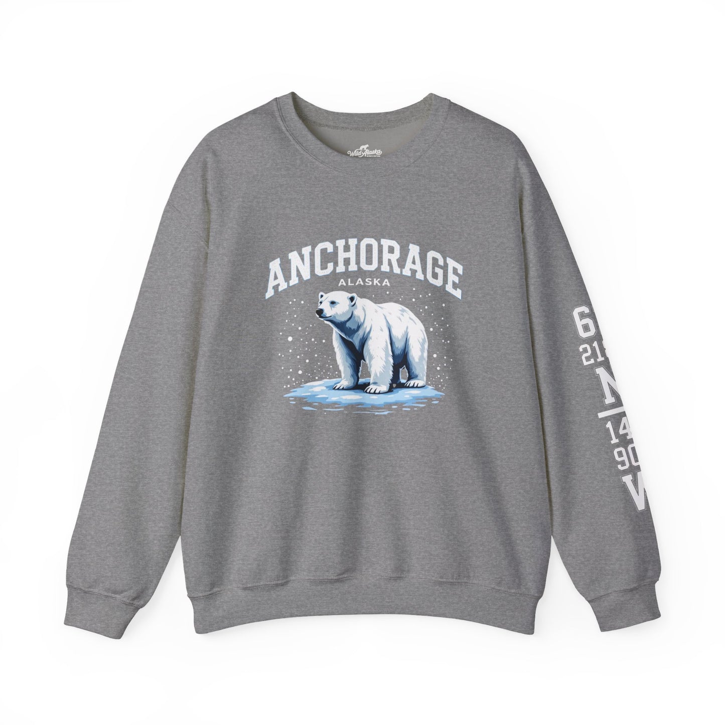 Gray sweatshirt with a polar bear graphic and 'Anchorage, Alaska' text on a white background