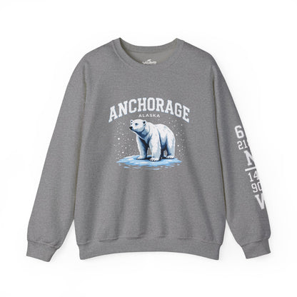 Gray sweatshirt with a polar bear graphic and 'Anchorage, Alaska' text on a white background