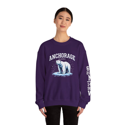 Person wearing a purple sweatshirt with a polar bear graphic and 'Anchorage Alaska' text on a white background
