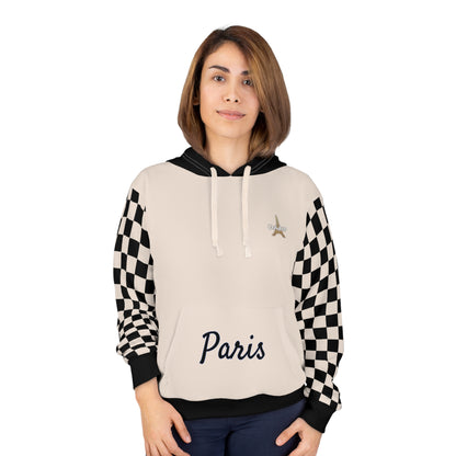 Paris Checkered Unisex Hoodie - DABP Emblem and Checkerboard Sleeves (Beige)