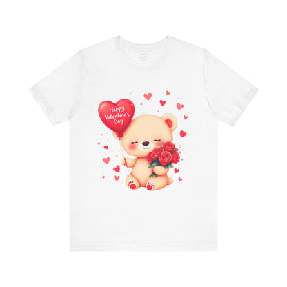 Bella+Canvas · 3001 Unisex Jersey Short Sleeve Tee - Valentine’s Day Bear, Balloon & Roses Design