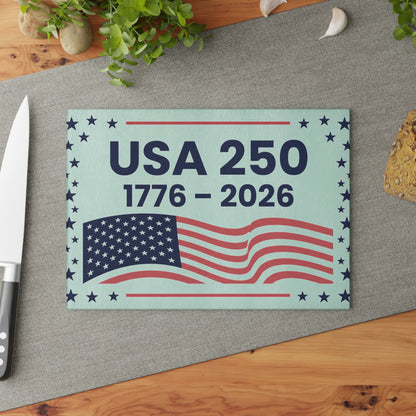 USA 250 anniversary cutting board with American flag design on a kitchen surface.