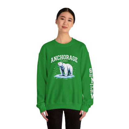 Person wearing a green sweatshirt with a polar bear graphic and 'Anchorage, Alaska' text on a white background