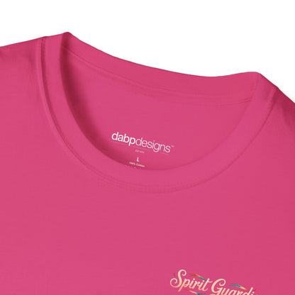 Close-up of a pink t-shirt with 'dabpp designs' logo and 'Spirit Guard' text.