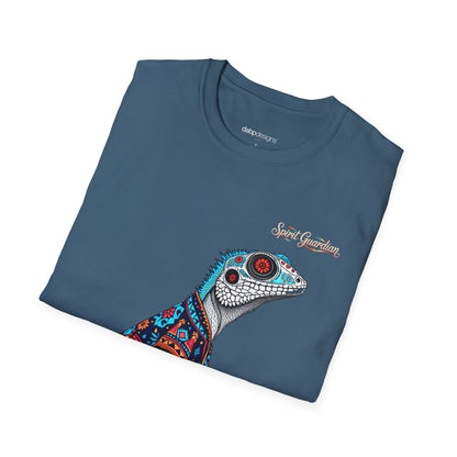 Folded blue t-shirt with a colorful lizard design and 'Spirit Guardian' text on a white background