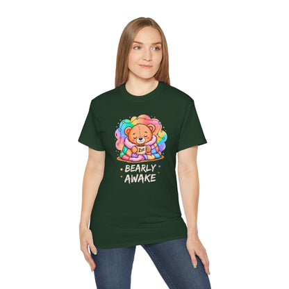 Bearly Awake Teddy Bear Tee | Cute Coffee Bear Wrapped in Rainbow Blanket