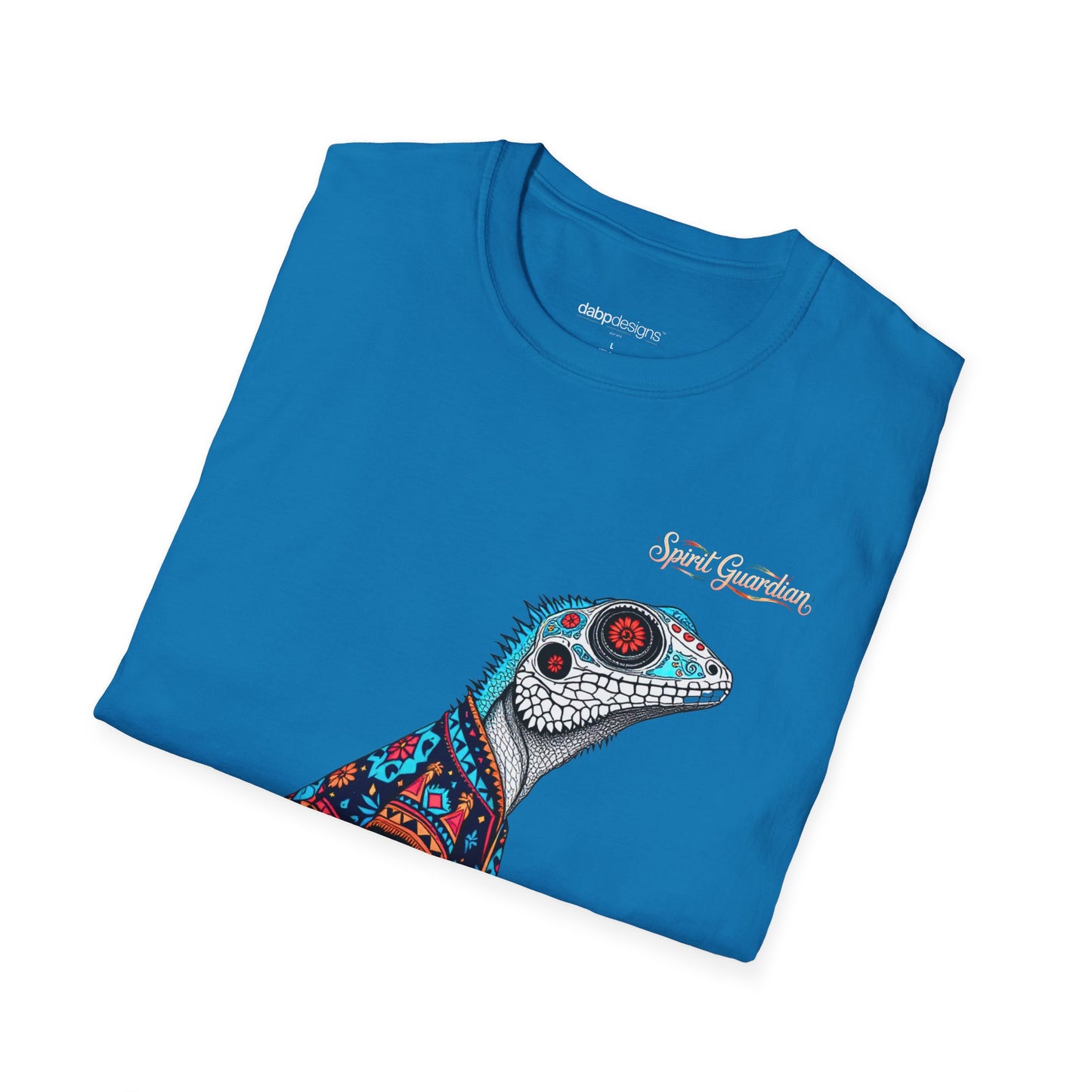Blue t-shirt with a colorful lizard design and 'Spirit Guardian' text on a white background