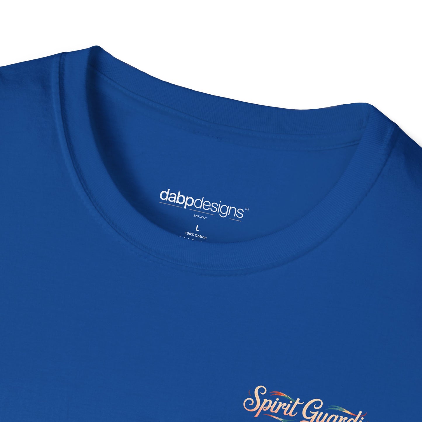 Close-up of a blue t-shirt with 'dabbdesigns' logo and 'Spirit Guard' text.