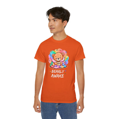 Bearly Awake Teddy Bear Tee | Cute Coffee Bear Wrapped in Rainbow Blanket