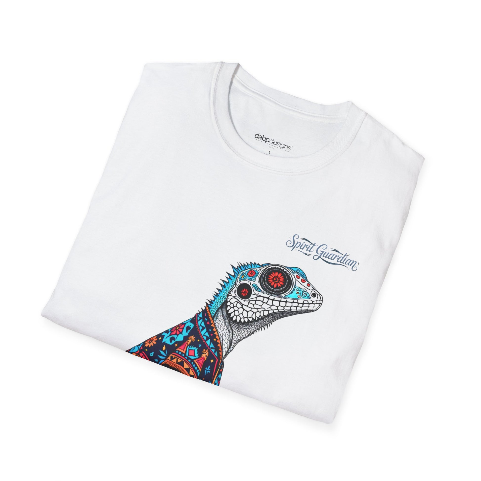White t-shirt with a colorful lizard design and 'Spirit Guardian' text on a white background