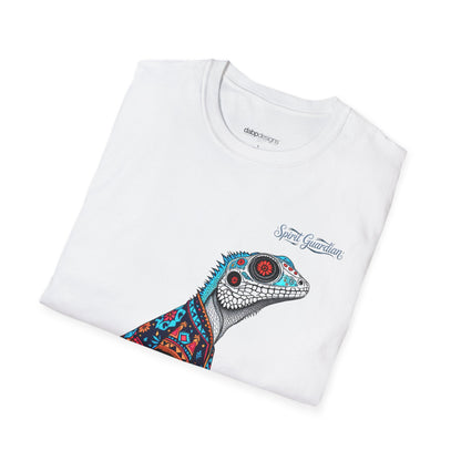 White t-shirt with a colorful lizard design and 'Spirit Guardian' text on a white background
