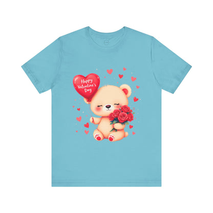 Bella+Canvas · 3001 Unisex Jersey Short Sleeve Tee - Valentine’s Day Bear, Balloon & Roses Design