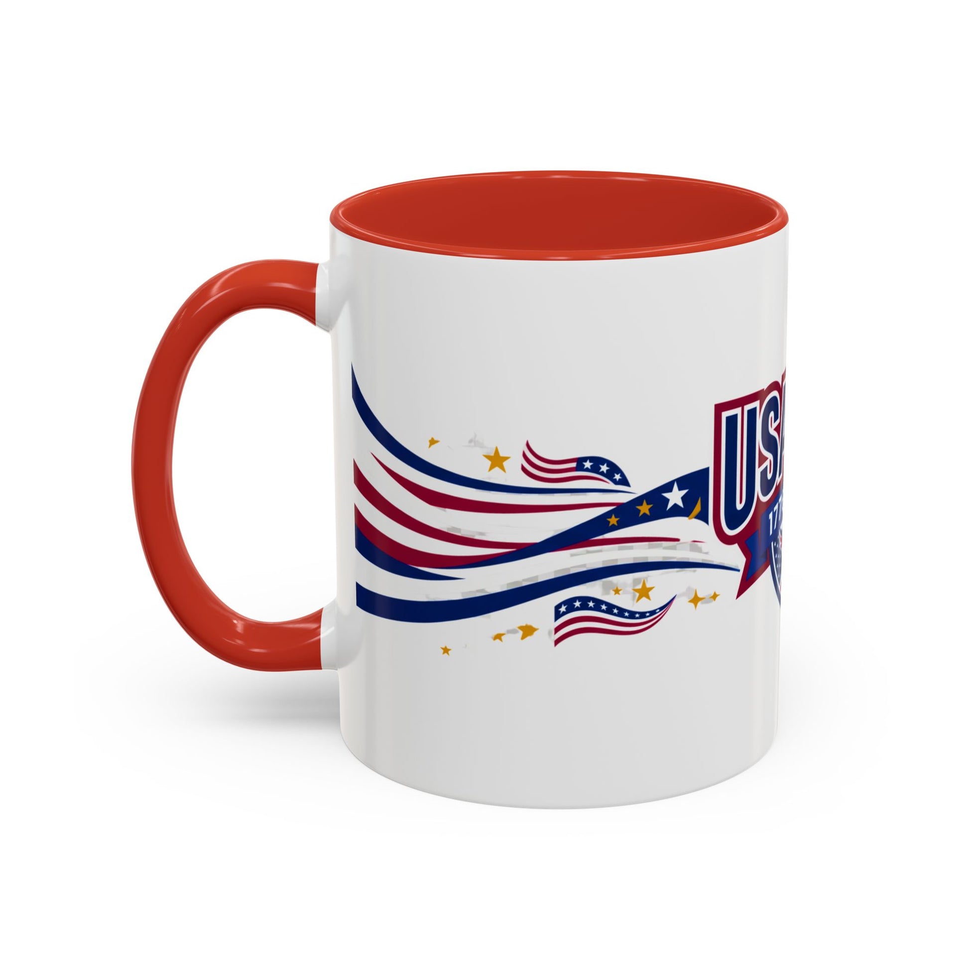 White mug with red handle and interior, featuring American flag design and 'USA' text.