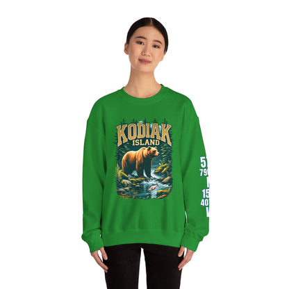 Person wearing a green sweatshirt with a bear graphic and 'Kodiak Island' text on a white background