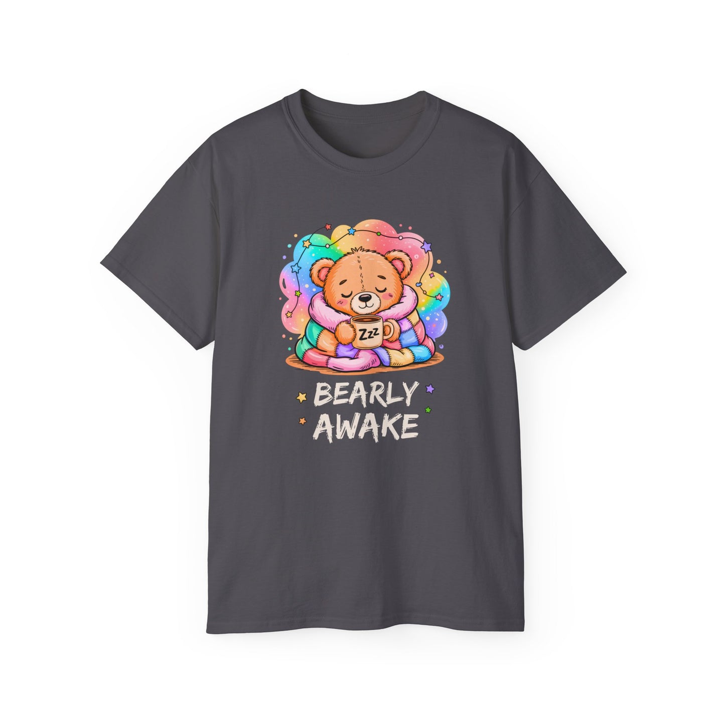 Bearly Awake Teddy Bear Tee | Cute Coffee Bear Wrapped in Rainbow Blanket