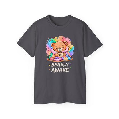 Bearly Awake Teddy Bear Tee | Cute Coffee Bear Wrapped in Rainbow Blanket