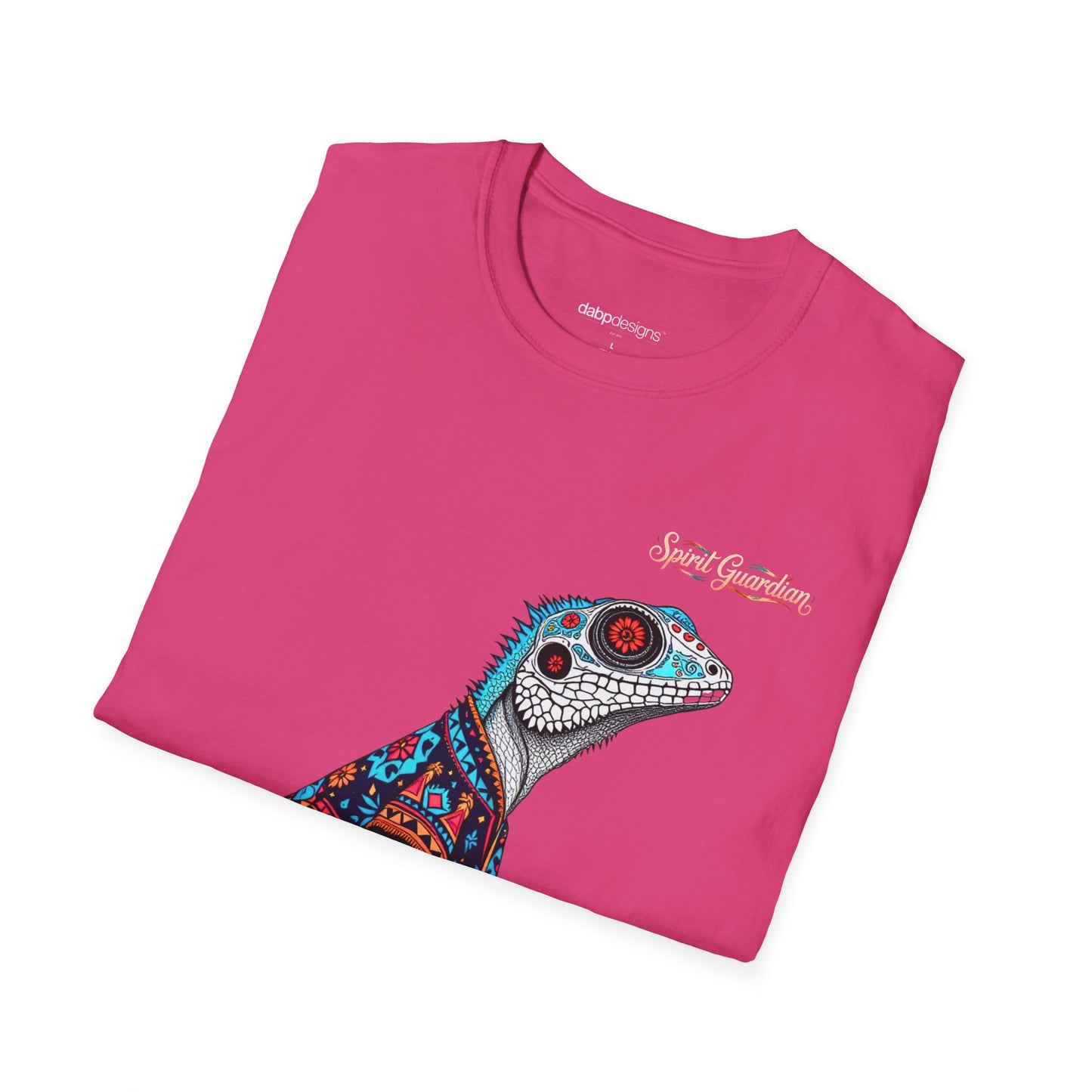 Pink t-shirt with a colorful lizard design and 'Spirit Guardian' text on a white background