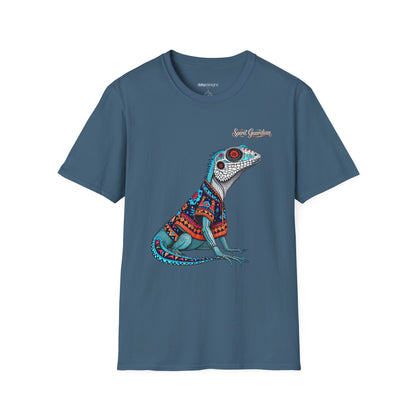 Blue t-shirt with a colorful lizard graphic on a white background