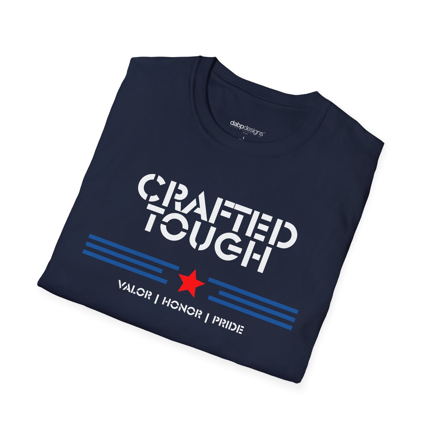 Folded navy blue t-shirt with 'Crafted Tough' text on a white background