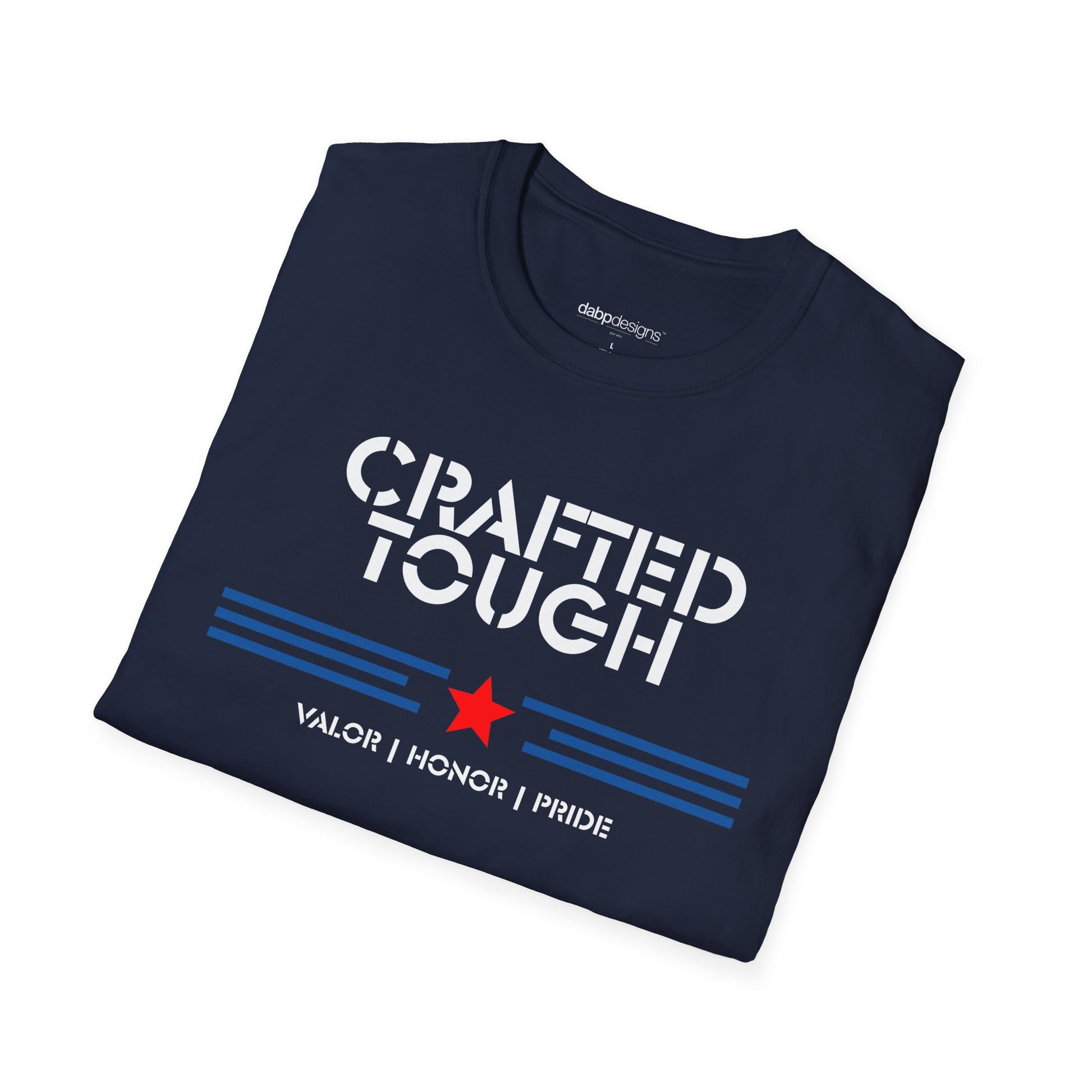 Folded navy blue t-shirt with 'Crafted Tough' text on a white background