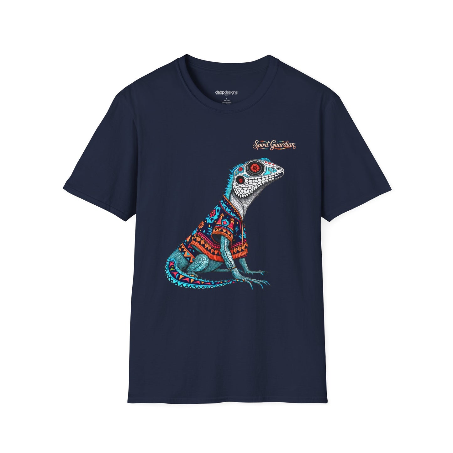Navy blue t-shirt with a colorful lizard graphic on a white background