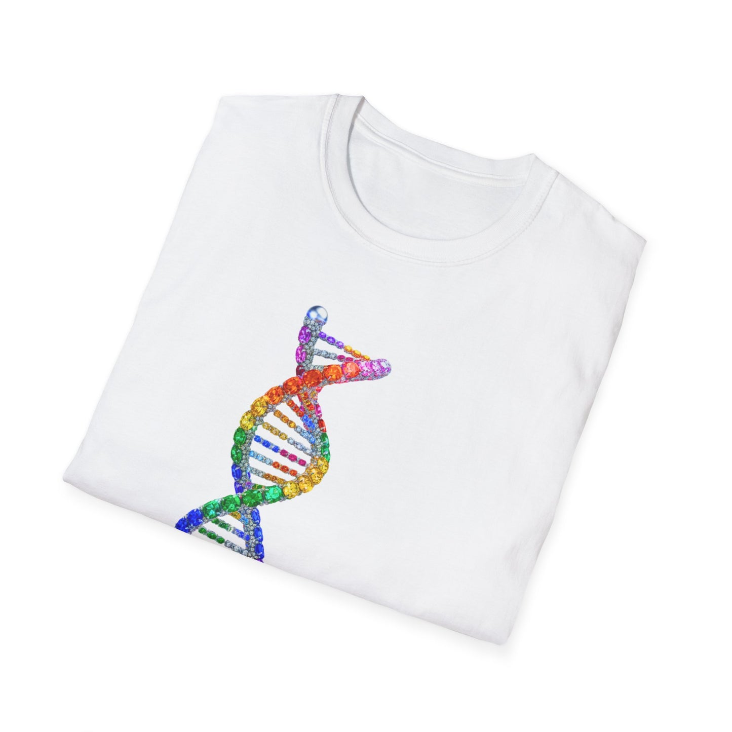 White t-shirt with a colorful DNA double helix design on a white background