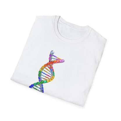 White t-shirt with a colorful DNA double helix design on a white background
