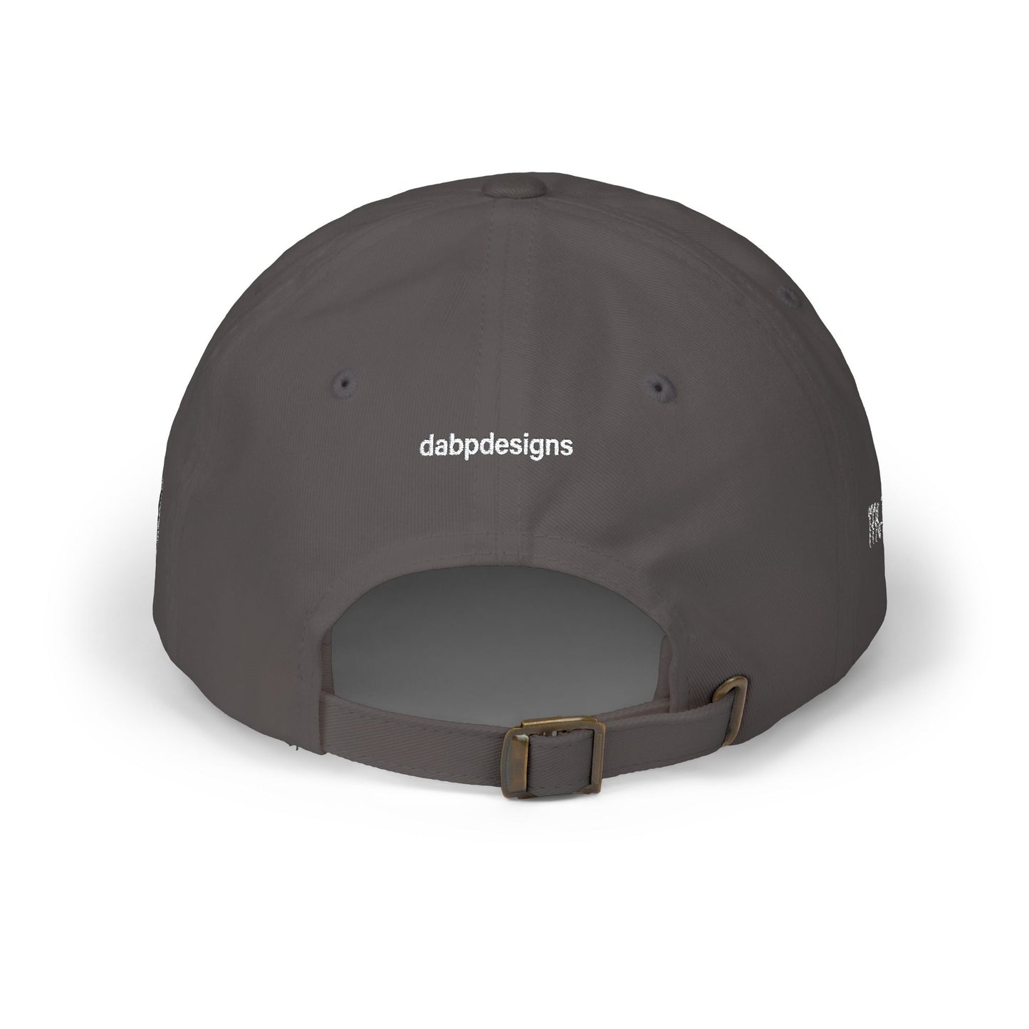 Gray cap with 'MOVE QUIETLY' text on the back against a white background