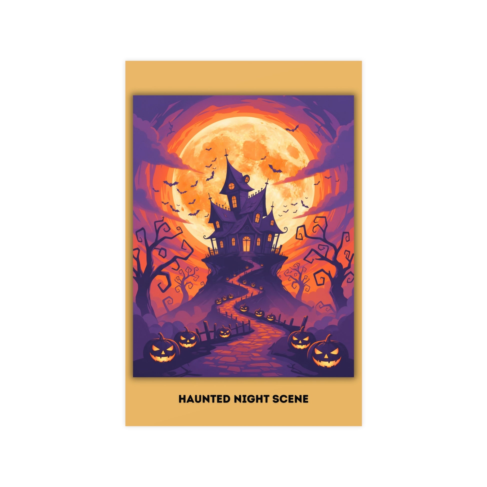 Halloween-themed card with a haunted house and pumpkins on a purple background.