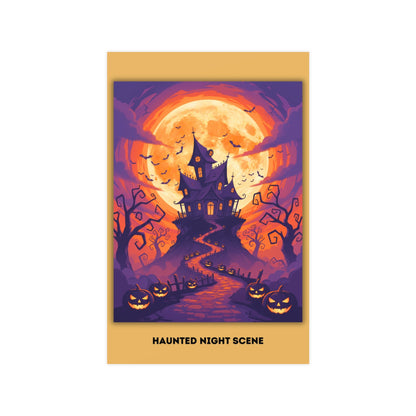 Halloween-themed card with a haunted house and pumpkins on a purple background.
