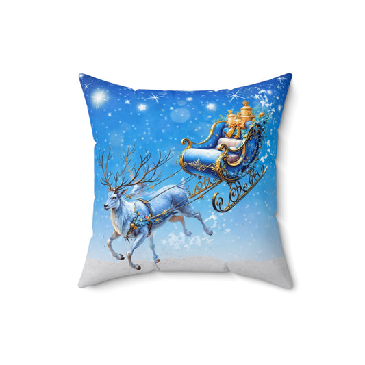 Enchanted Blue Reindeer Sleigh Christmas Pillow