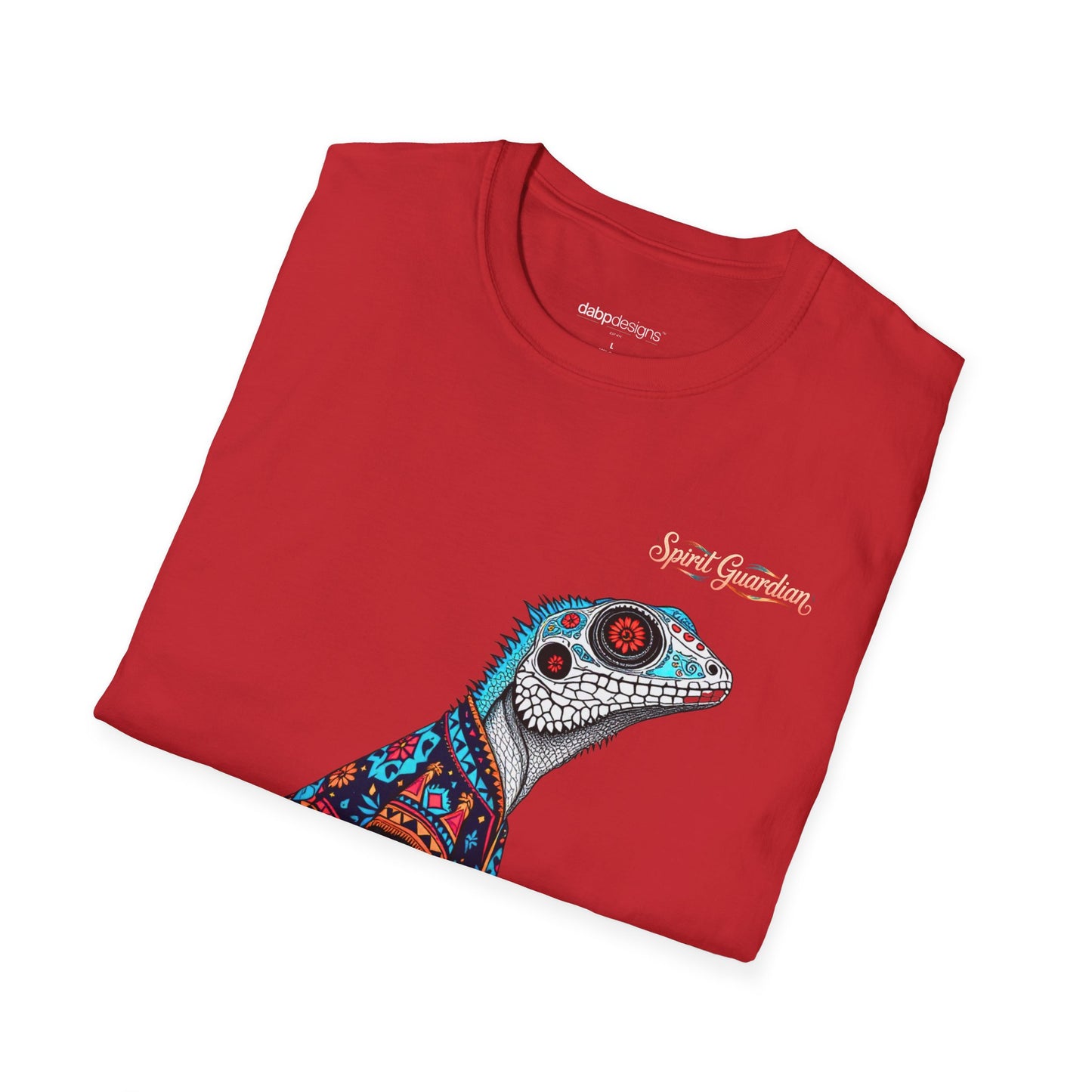 Folded red t-shirt with a colorful lizard design and 'Spirit Guardian' text on a white background