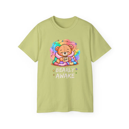 Bearly Awake Teddy Bear Tee | Cute Coffee Bear Wrapped in Rainbow Blanket