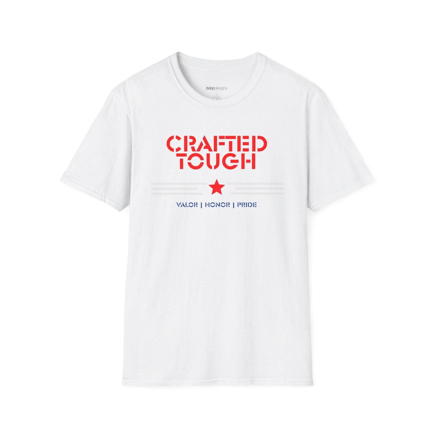 White t-shirt with red and blue text on a white background