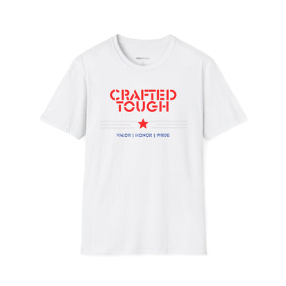 White t-shirt with red and blue text on a white background