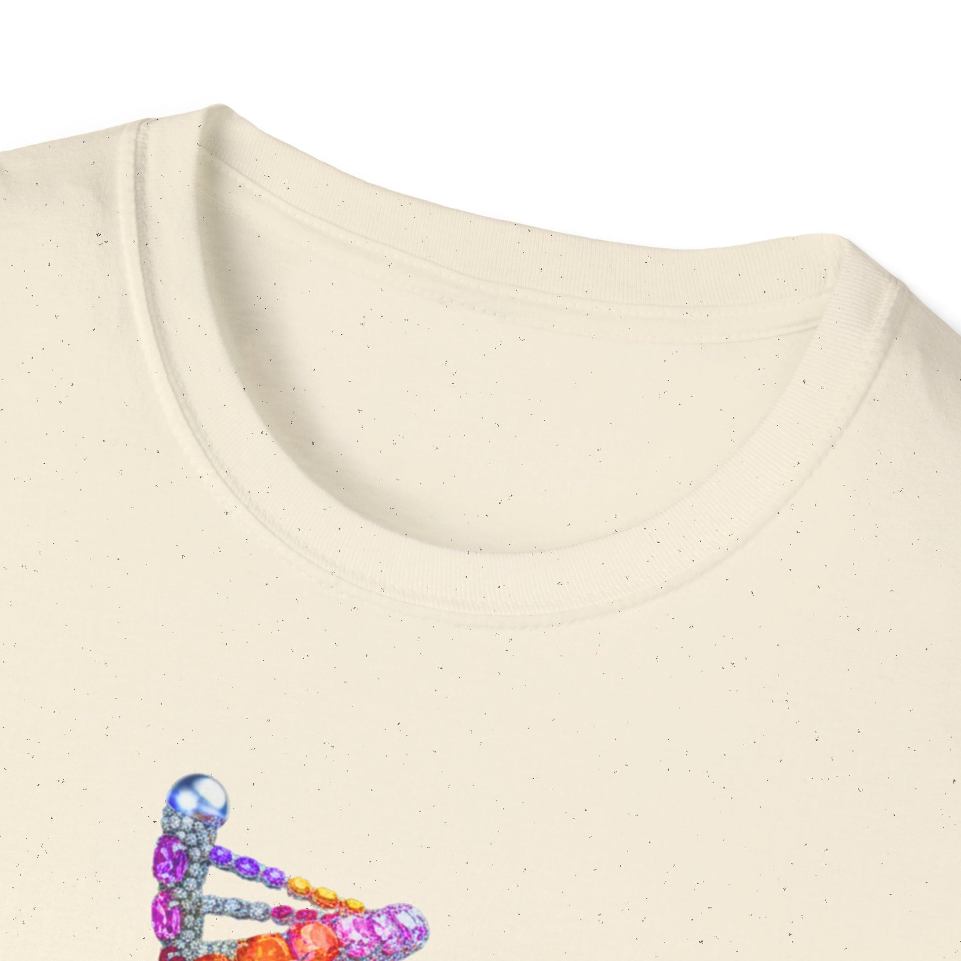 Close-up of a beige fabric with colorful beaded design on a white background