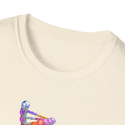 Close-up of a beige fabric with colorful beaded design on a white background