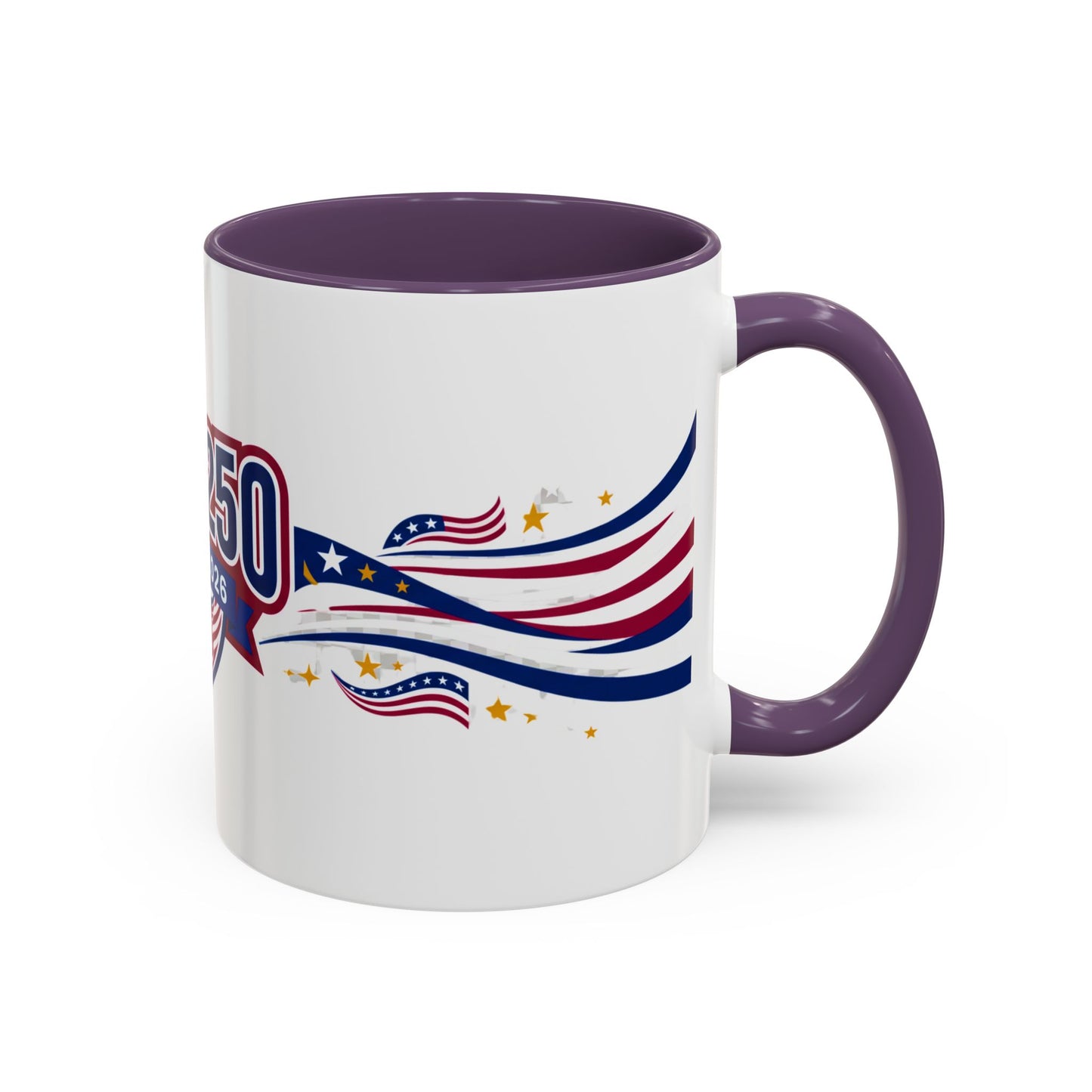 White mug with purple interior and handle, featuring a design of an American flag and text on a white background.