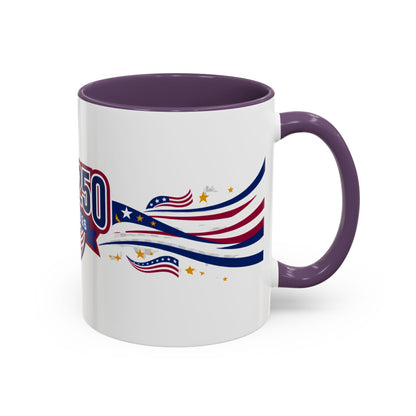White mug with purple interior and handle, featuring a design of an American flag and text on a white background.