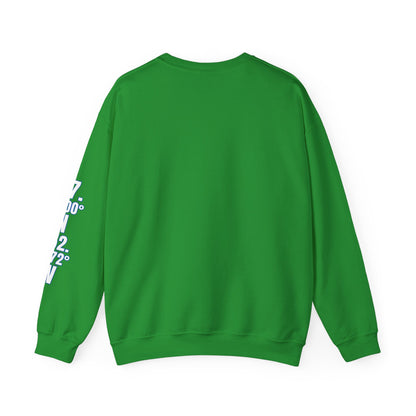 Green sweatshirt with a white sleeve design on a white background