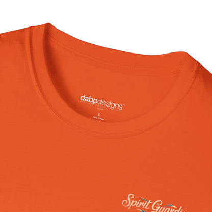 Close-up of an orange shirt with 'dabp designs' logo and 'Spirit Guard' text.