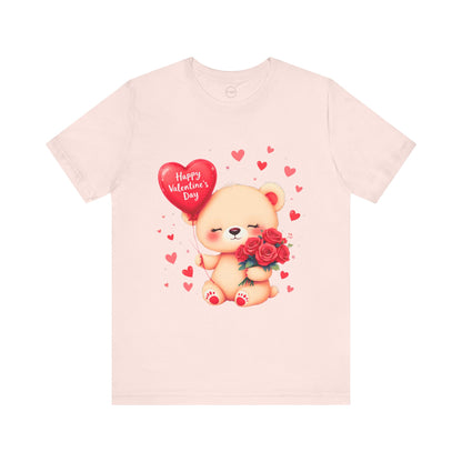 Bella+Canvas · 3001 Unisex Jersey Short Sleeve Tee - Valentine’s Day Bear, Balloon & Roses Design