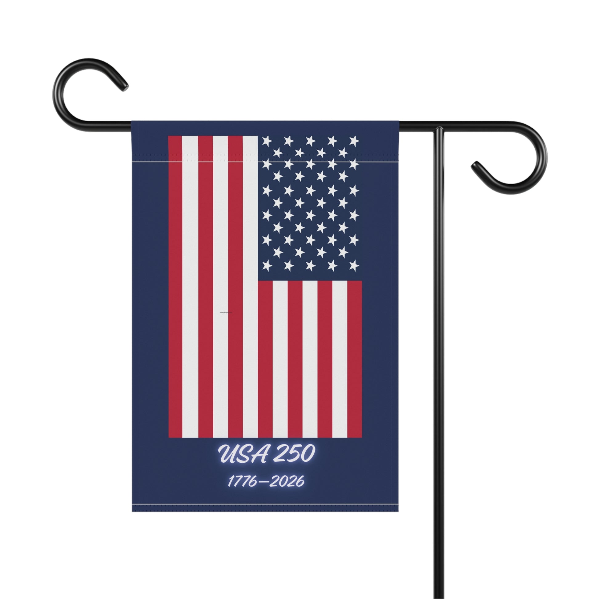 American flag garden flag with 'USA 250' text on a white background