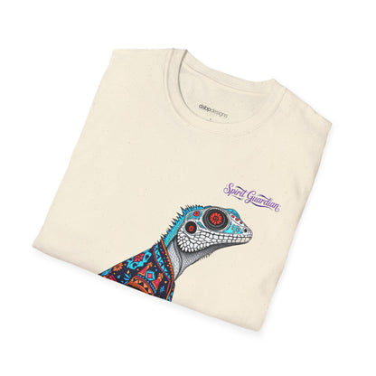 Folded t-shirt with a colorful lizard design and 'Spirit Guardian' text on a white background