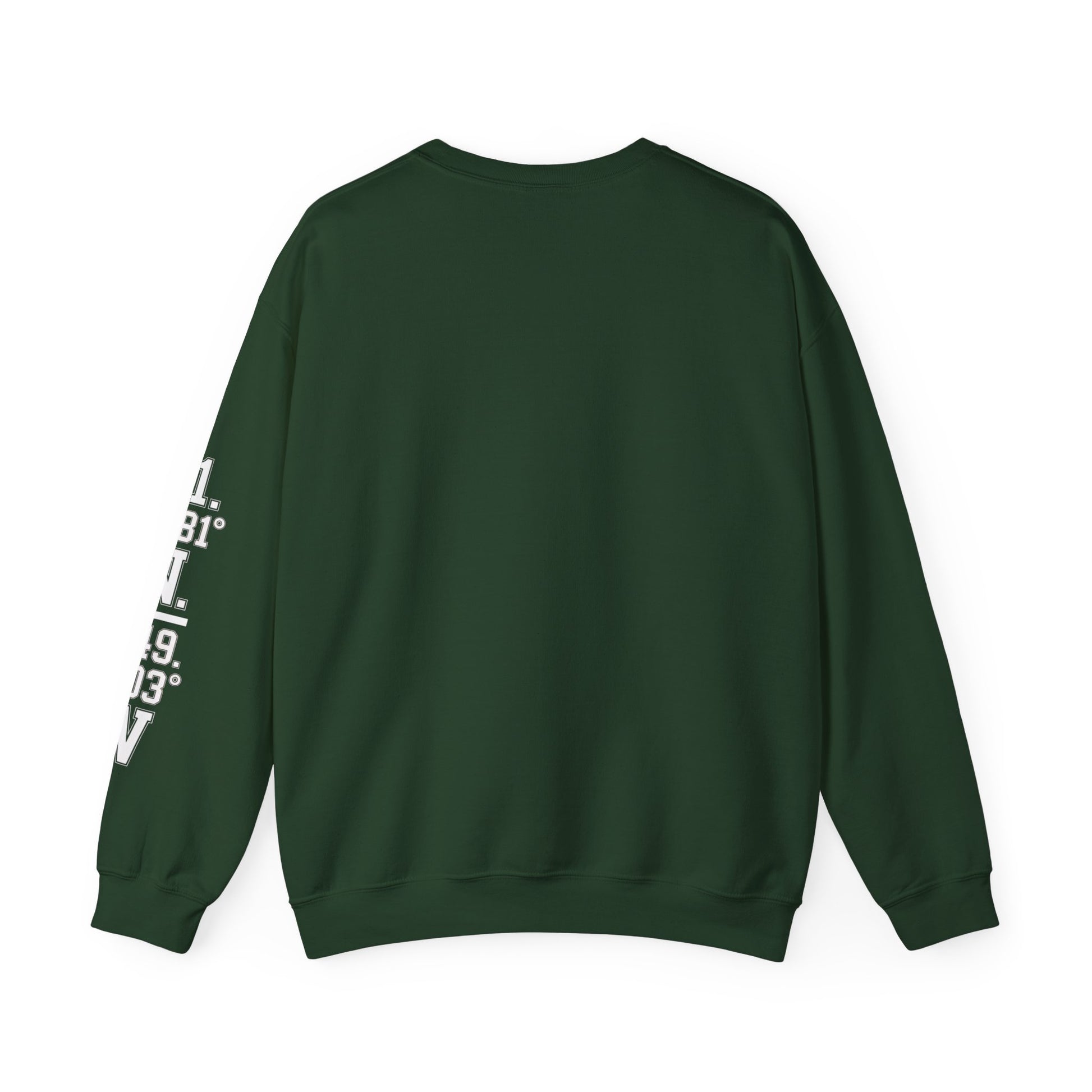 Green sweatshirt with white text on sleeve against a white background