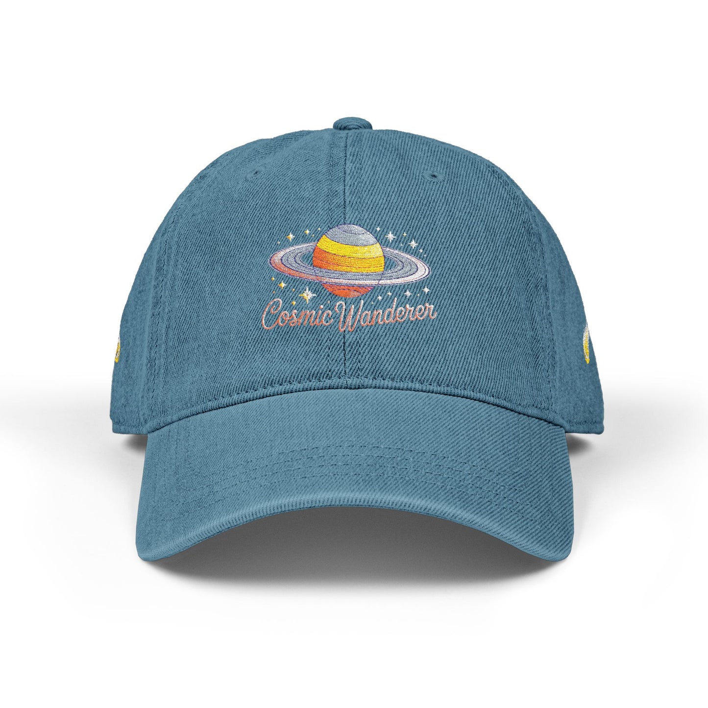 Cosmic Wanderer Embroidered Cap | Saturn Planet Aesthetic Washed Denim Unisex Adjustable Dad Hat | Cosmic Drifts Collection