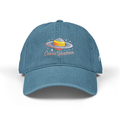 Cosmic Wanderer Embroidered Cap | Saturn Planet Aesthetic Washed Denim Unisex Adjustable Dad Hat | Cosmic Drifts Collection