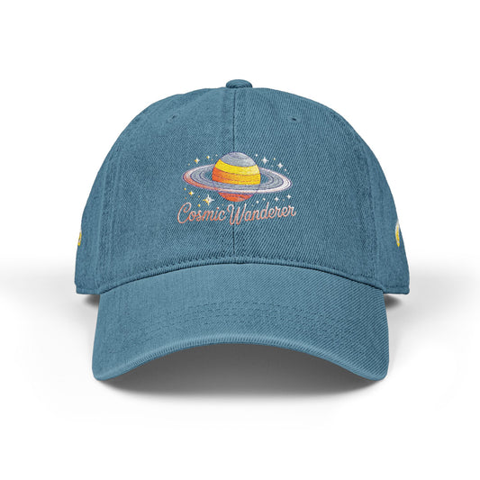 Cosmic Wanderer Embroidered Cap | Saturn Planet Aesthetic Washed Denim Unisex Adjustable Dad Hat | Cosmic Drifts Collection